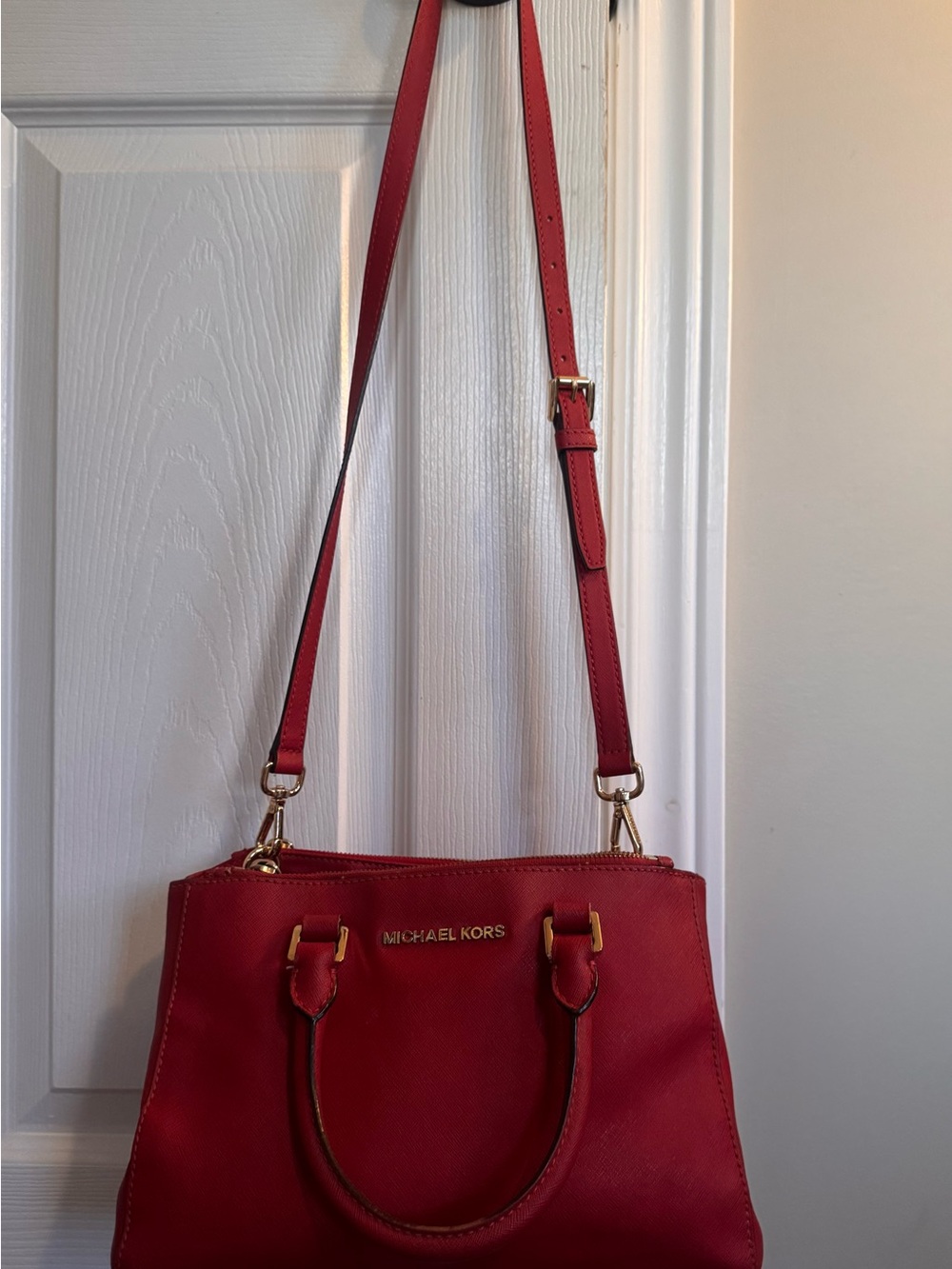 Michael Kors Red Leather Satchel purse with Adjustable Strap